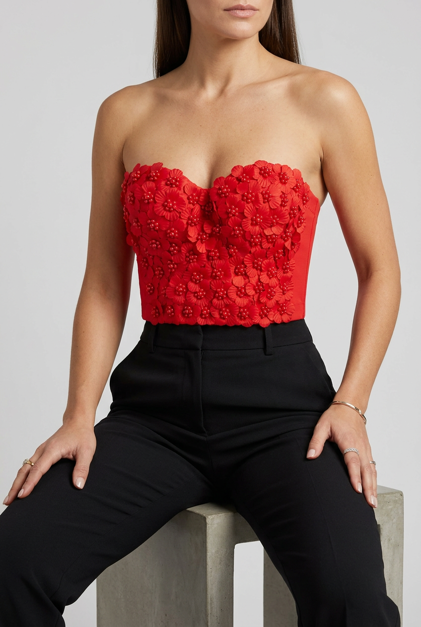 Red bustier seated studio pose