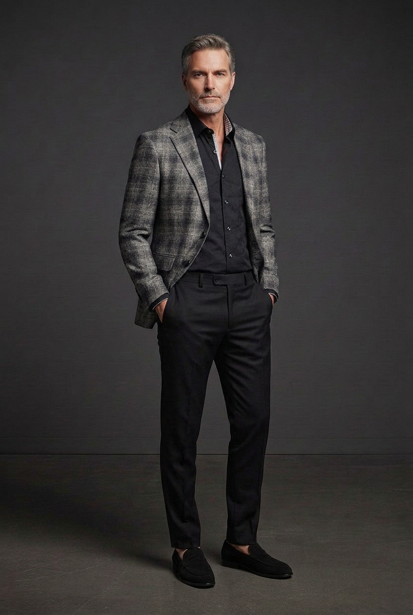 Relaxed pose with black patterned-trim shirt