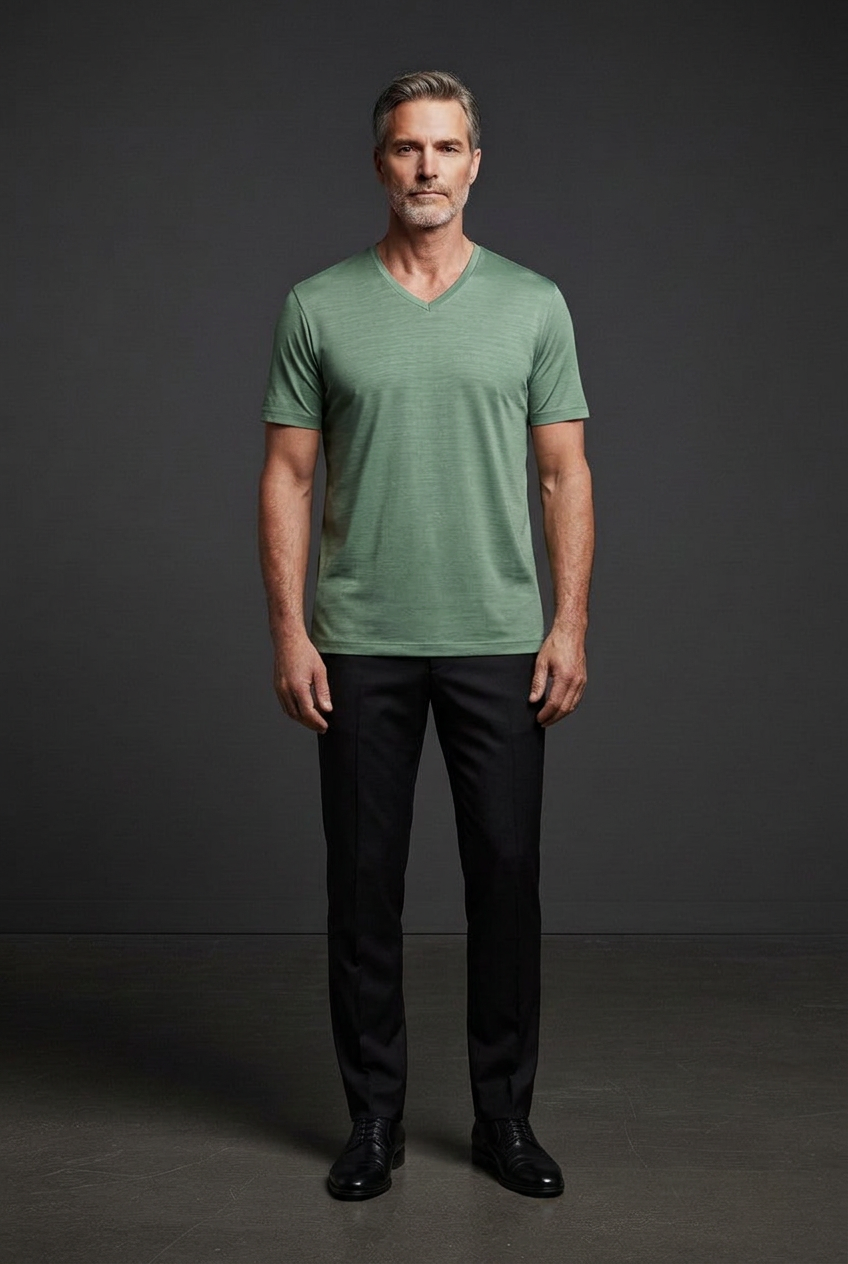 Sage green V-neck T-shirt on Vercini model