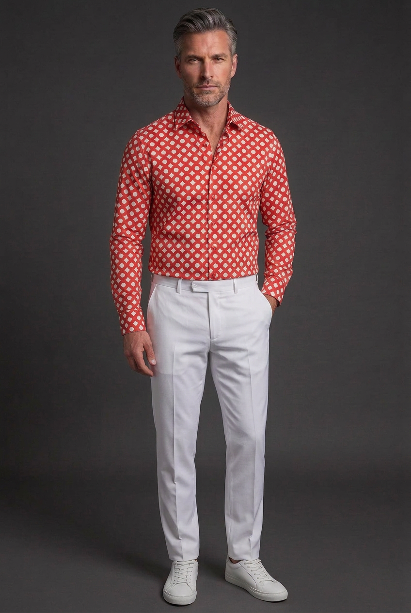 Same model and shirt styled with tailored white dress pants and white casual sneakers