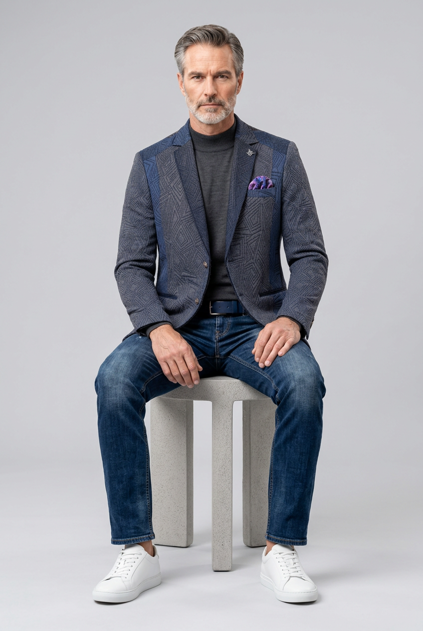 Men’s Blue-Gray Geometric Pattern Blazer