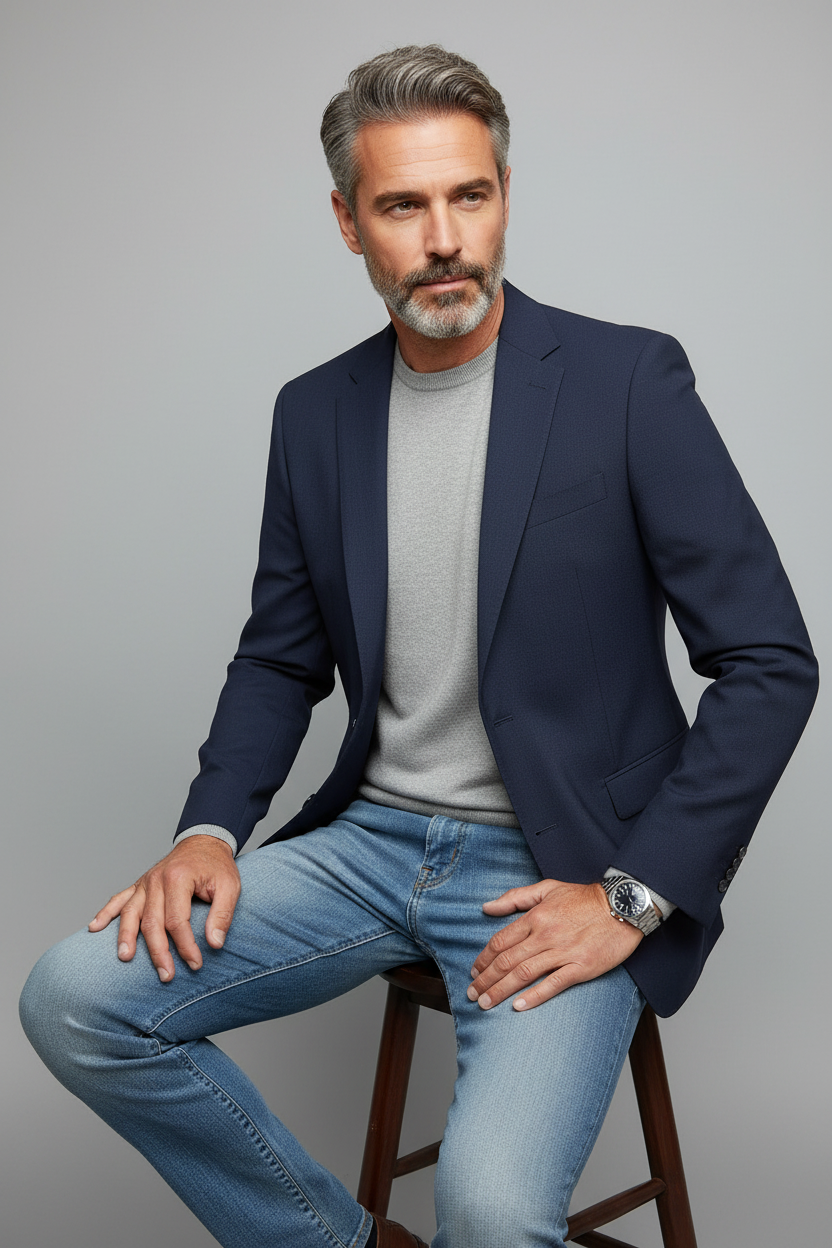 Sebastian seated pose with blazer and jeans