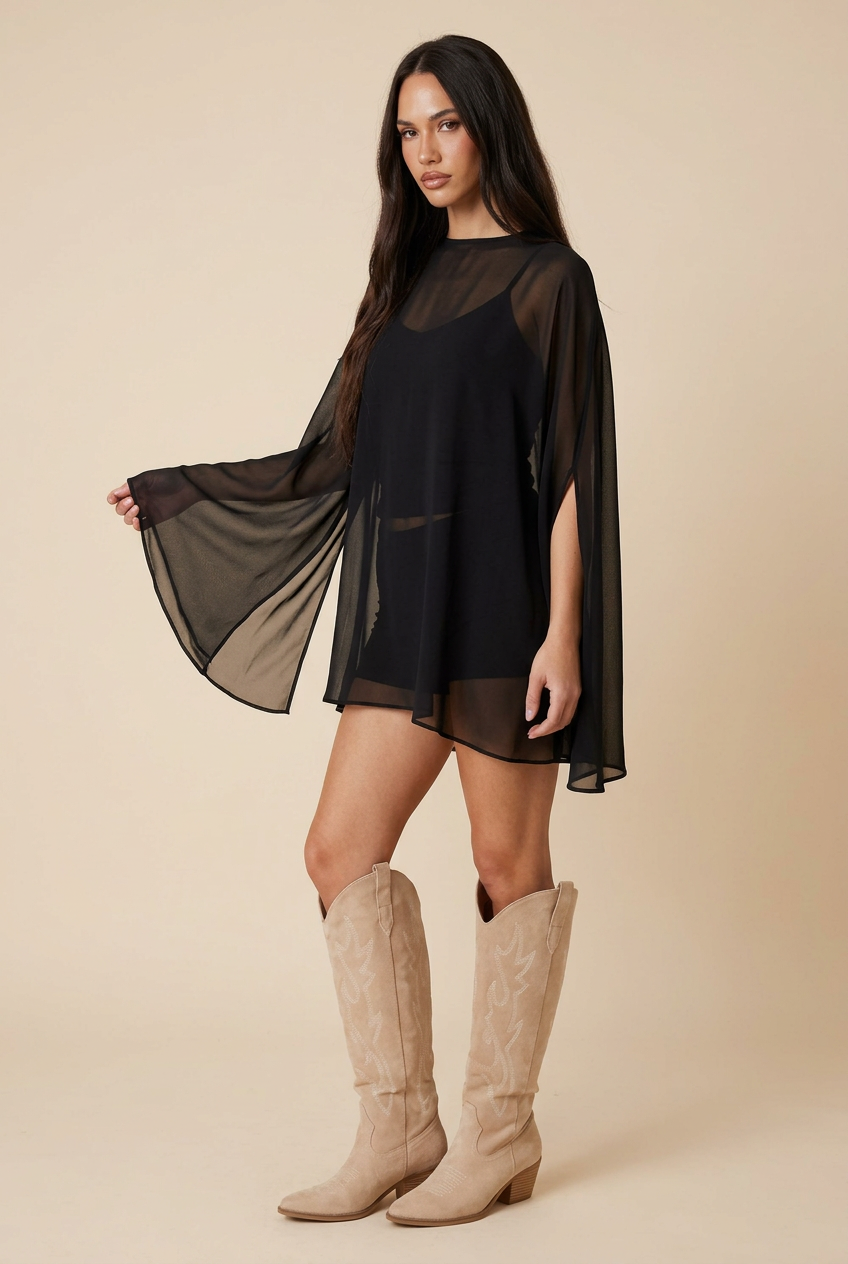 See-through black top sleeve-display pose