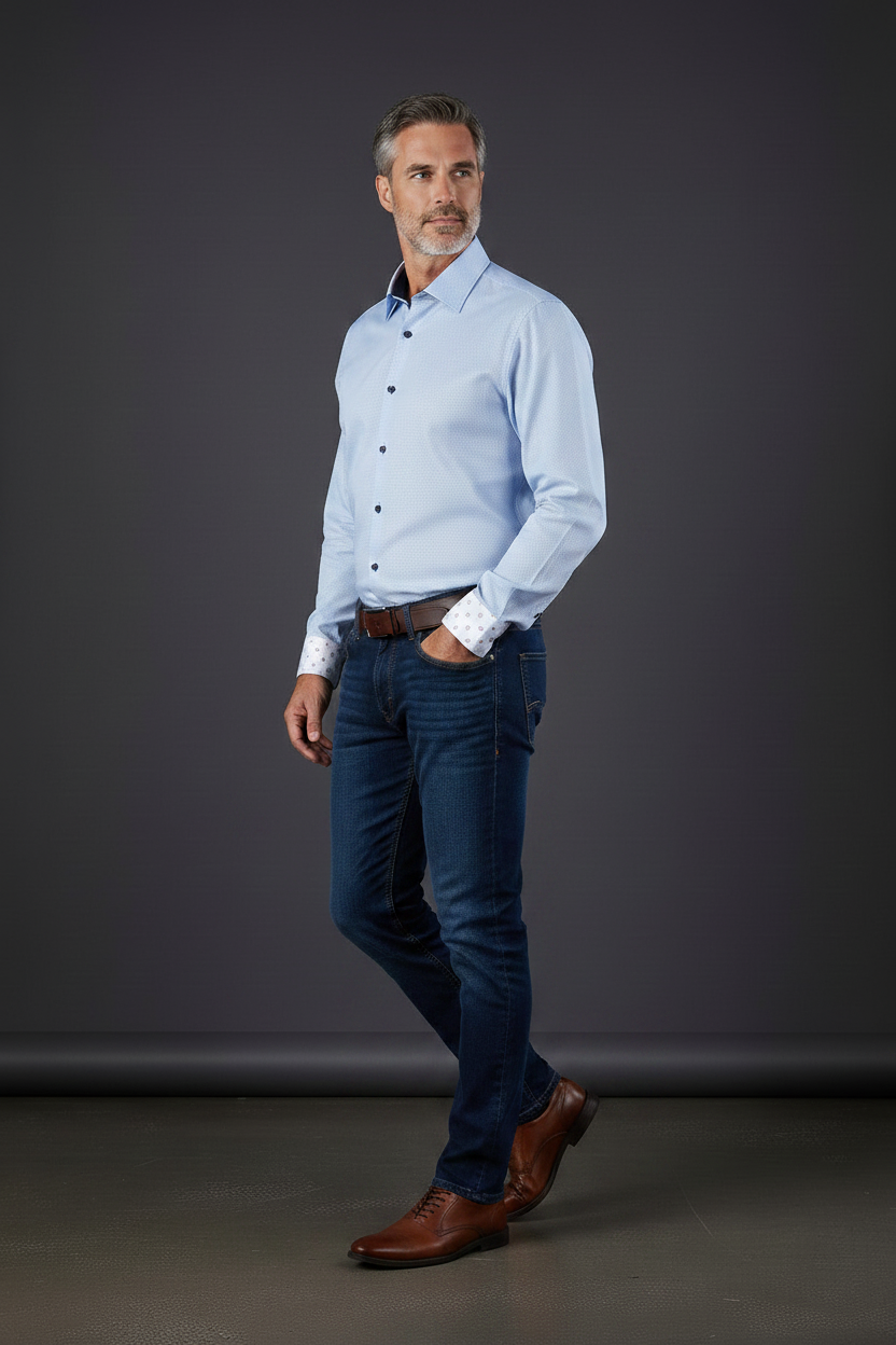 Light Blue Luxury Cotton Dress Shirt with Medallion Contrast Cuffs