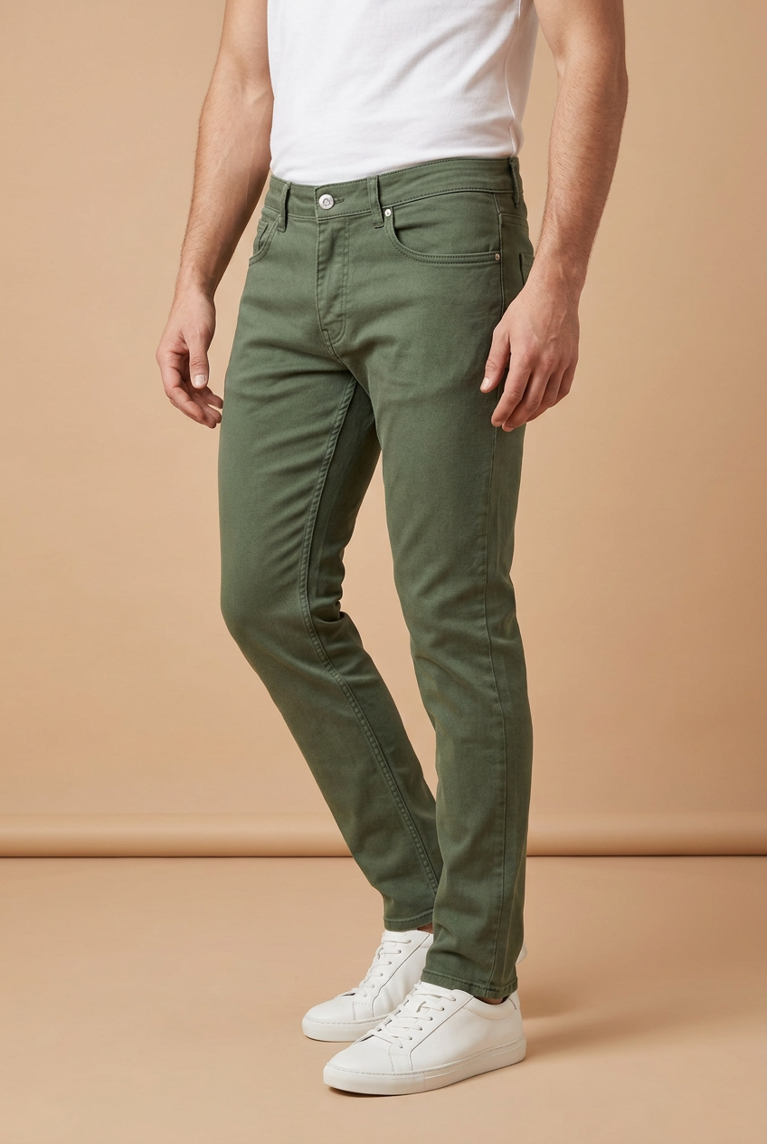 Side-profile male model in olive-green jeans