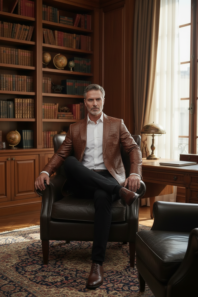 Luxury Crocodile Embossed Blazer - Cognac Brown/black