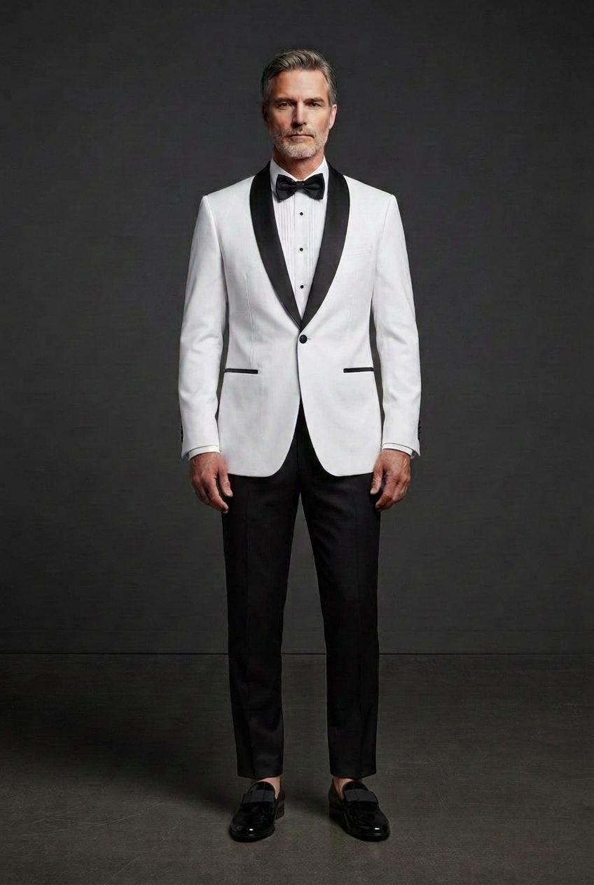 Snow-white tuxedo with bow loafers and shorter trouser hems