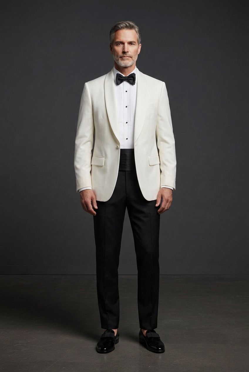 Soft-white dinner jacket with black cummerbund and bow loafers