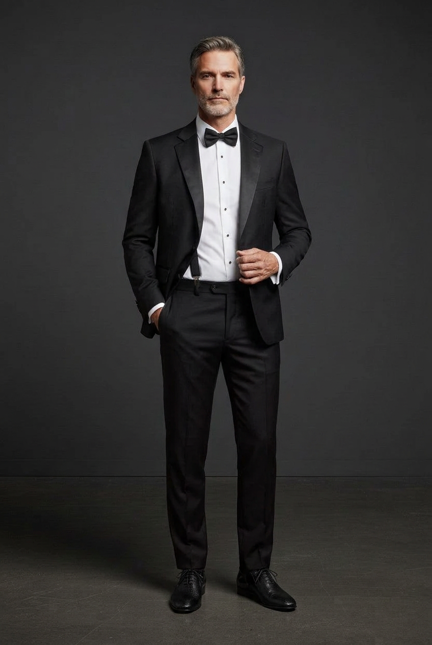 Standing tuxedo pose with your black dress shoes