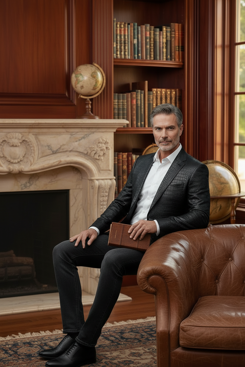 Luxury Crocodile Embossed Blazer - Cognac Brown/black