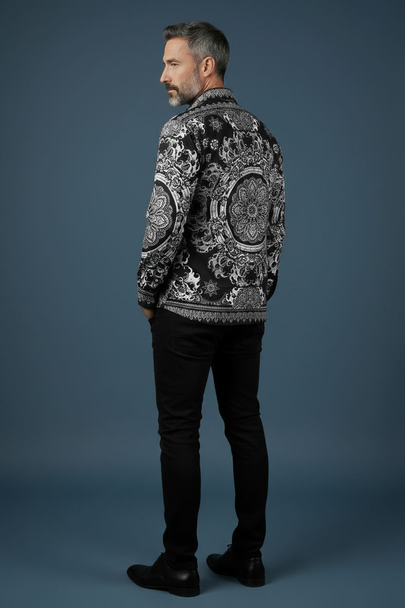 Three-quarter back with black jeans and shoes