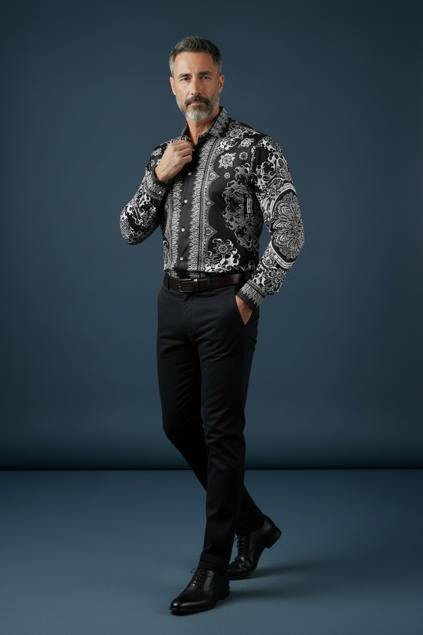 Three-quarter front with black jeans and shoes