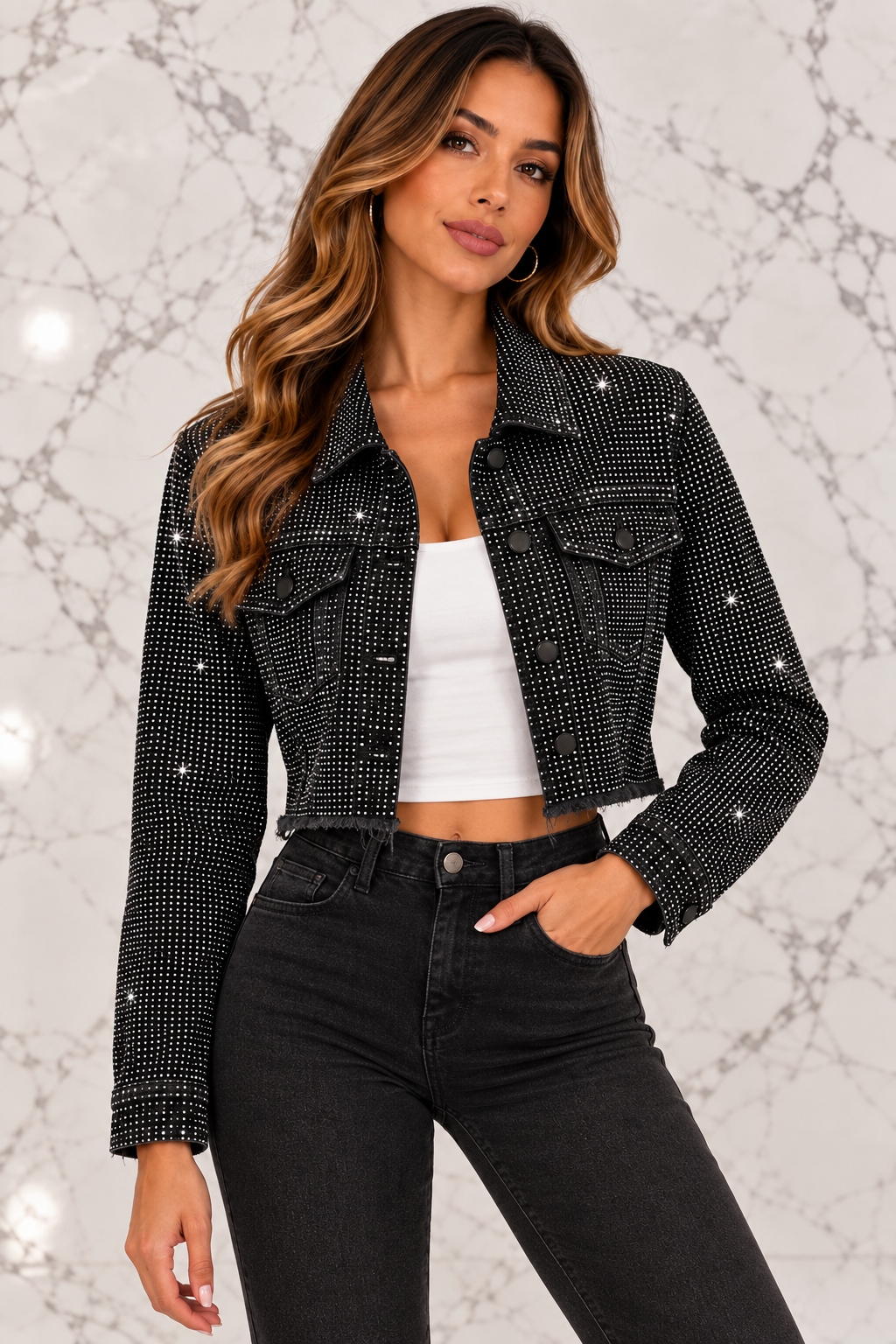 Three-quarter pose showing the jacket front