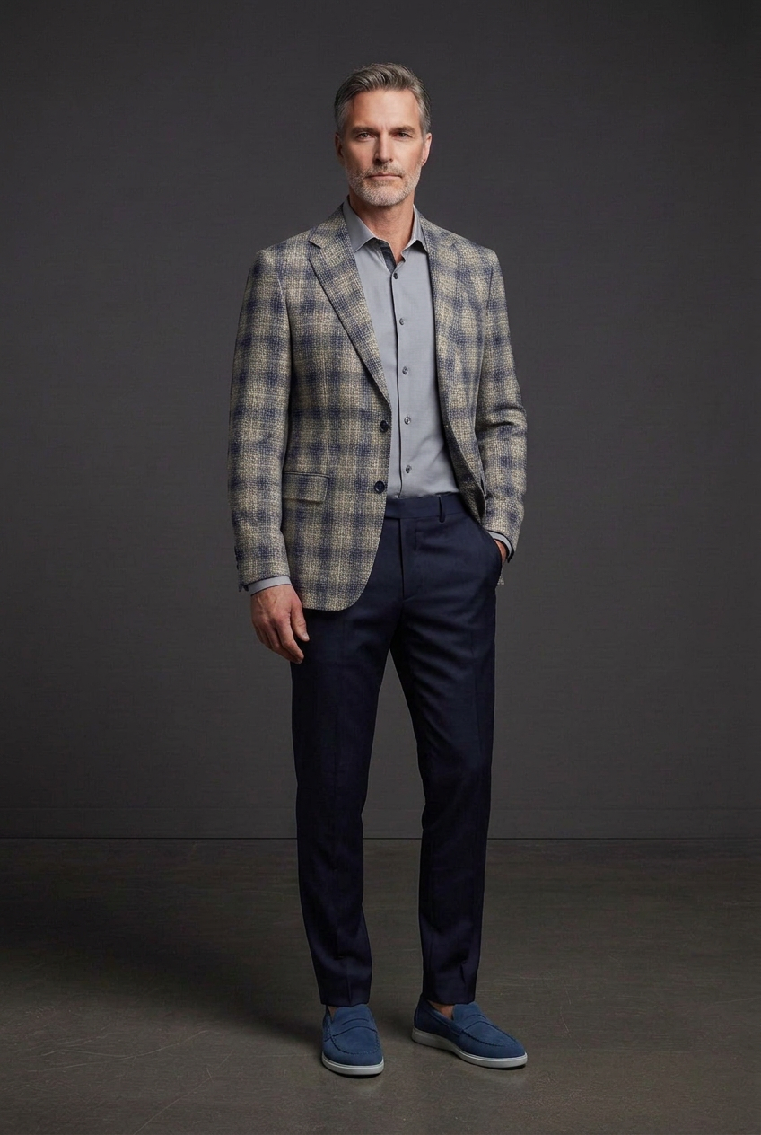Three-quarter pose with solid gray shirt