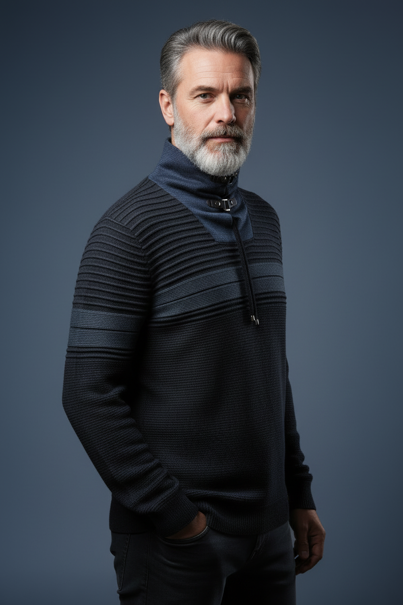 Three-quarter view dark toggle sweater