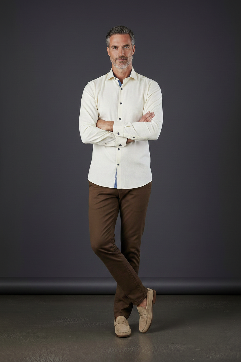 Cream Luxury Cotton Dress Shirt with Moroccan Tile Contrast Cuffs