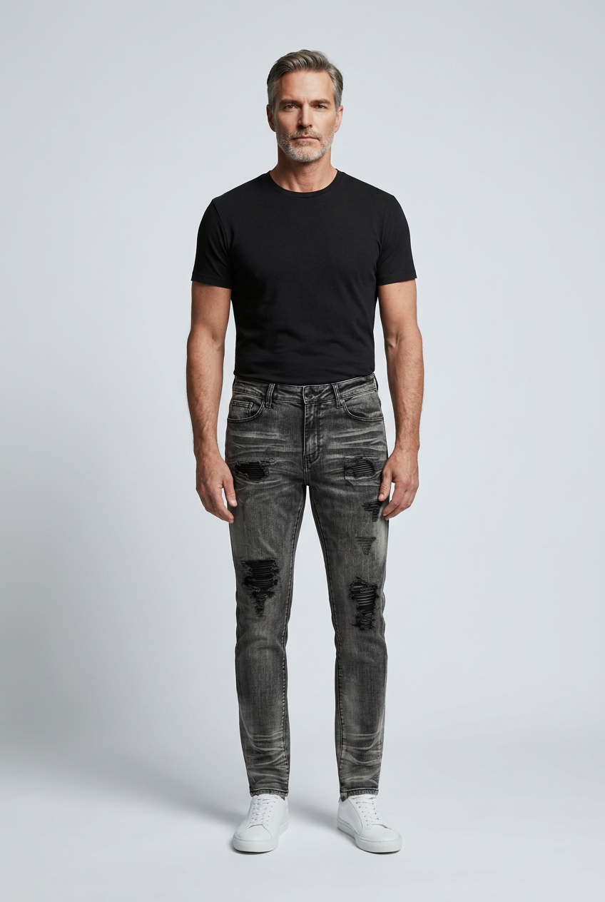 Vercini Ashford charcoal gray distressed jeans styled on a male model against a light studio background