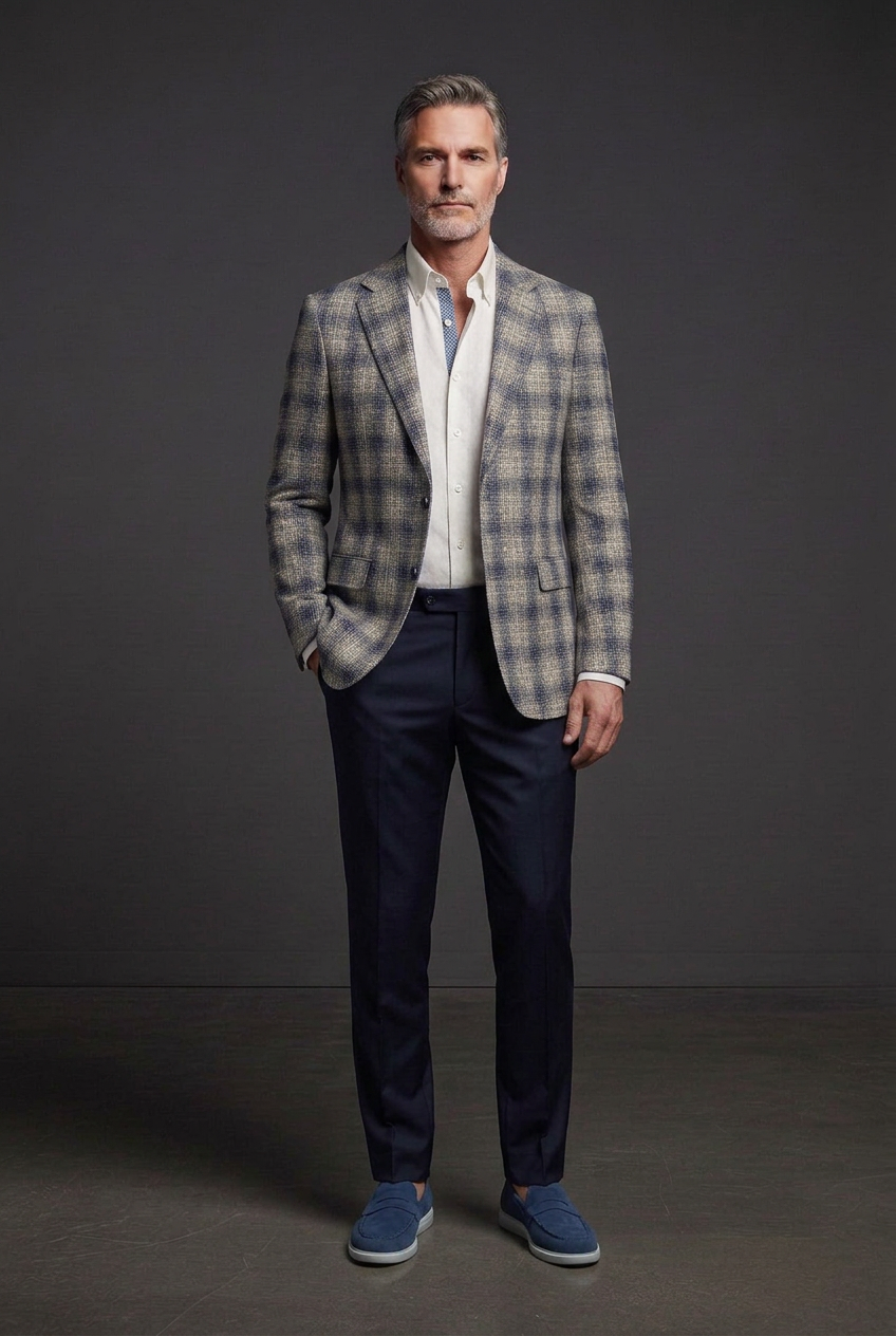 Vercini model wearing plaid jacket with ivory contrast-trim shirt