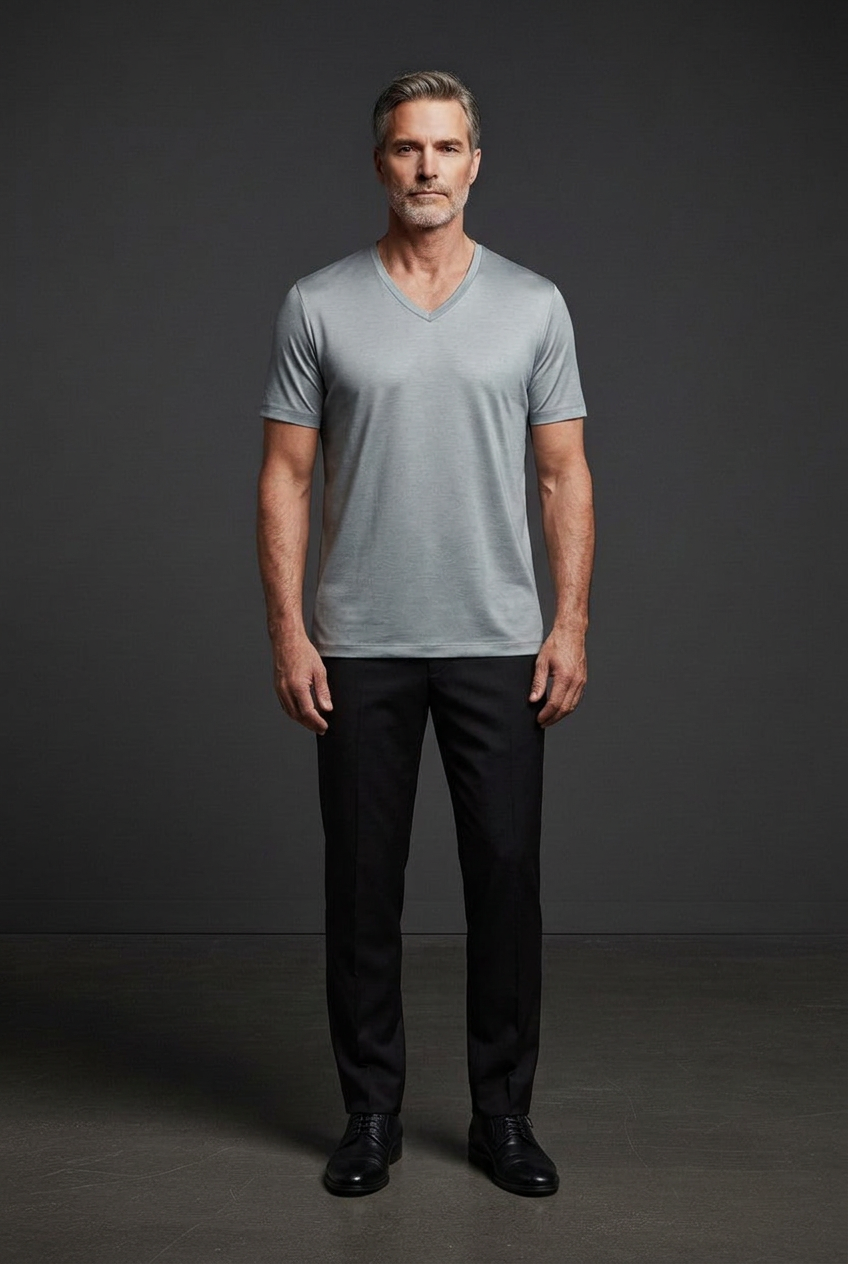 Vercini model wearing the silver-gray sharkskin-texture V-neck T-shirt
