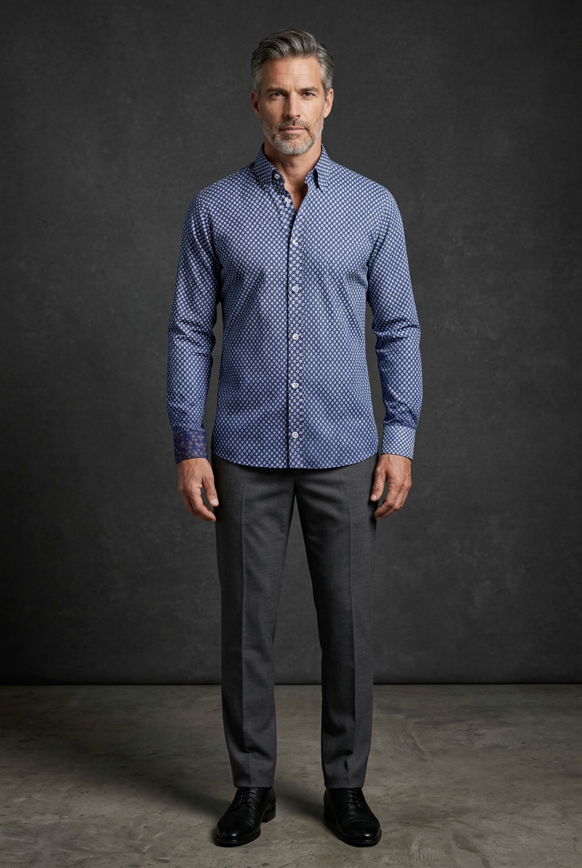 Vercini patterned shirt on a mature salt-and-pepper model