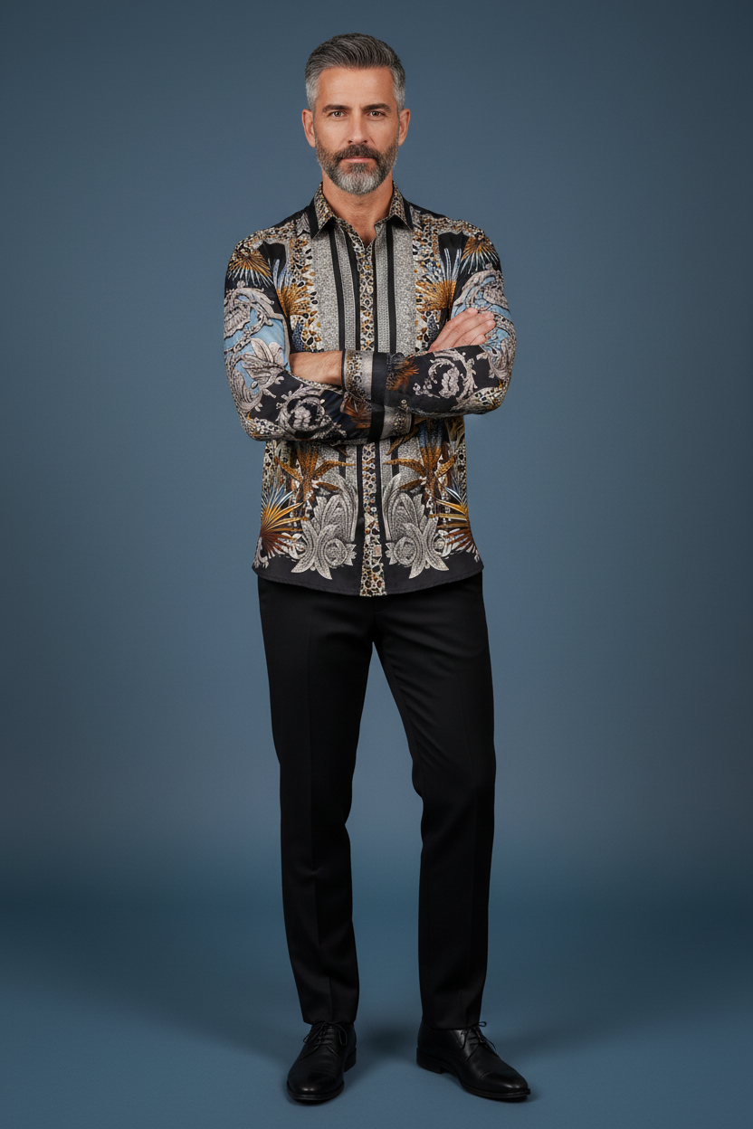 Vercini Printed Shirt - Black Pants
