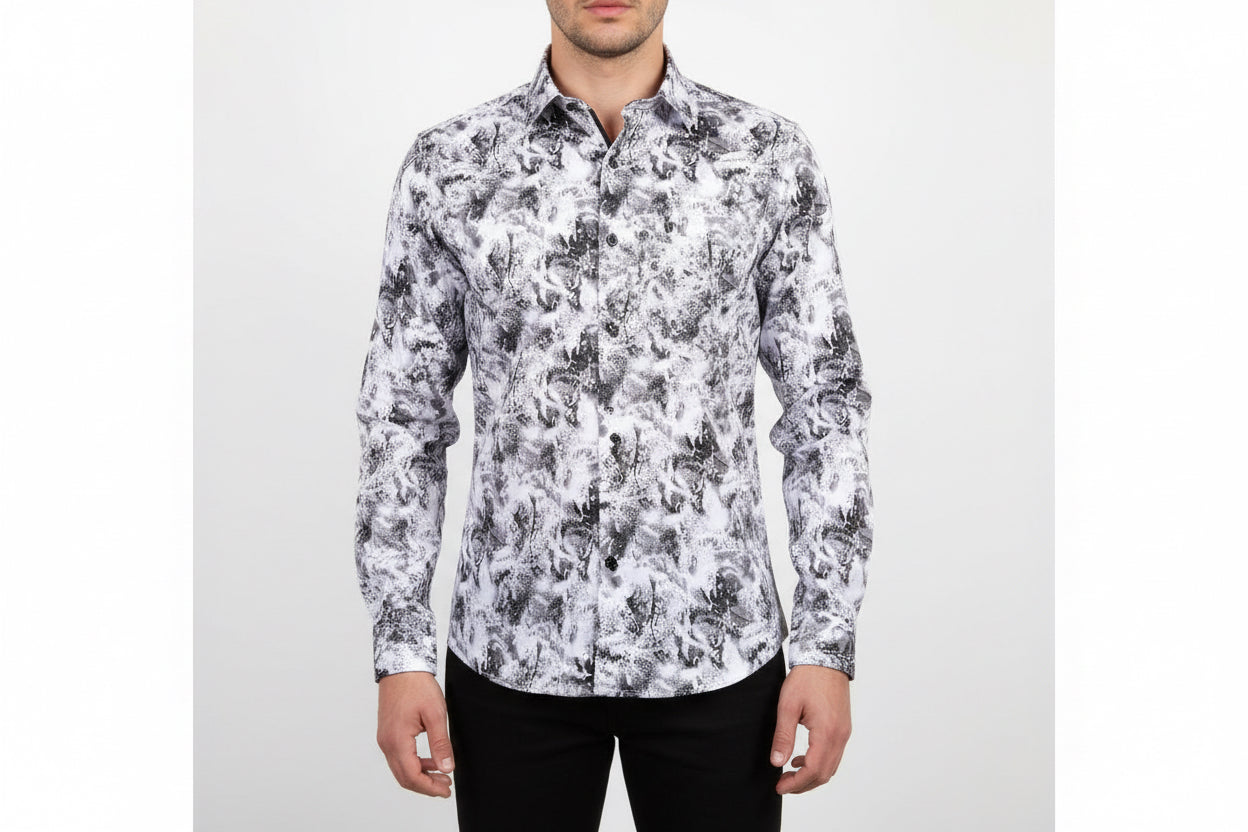 White shirt with black abstract pattern on a white background, labeled 'Y42'.