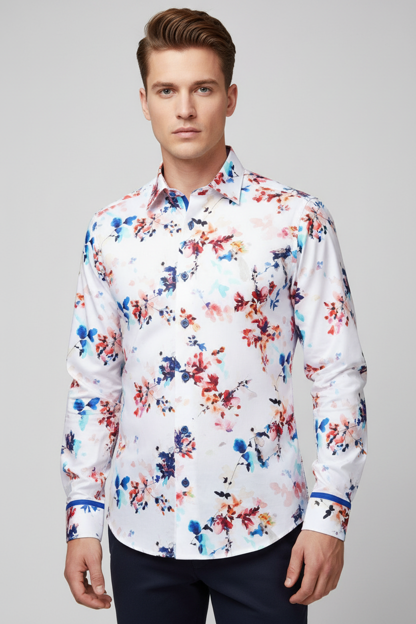 Colorful floral-patterned shirt with a collar on a white background, featuring the brand name 'Viktor & Rolf'.