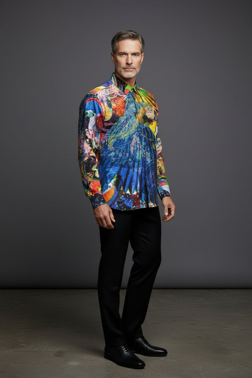 Tropical Parrot Print Luxury Shirt - Vibrant Blue Multi-Color Statement Piece