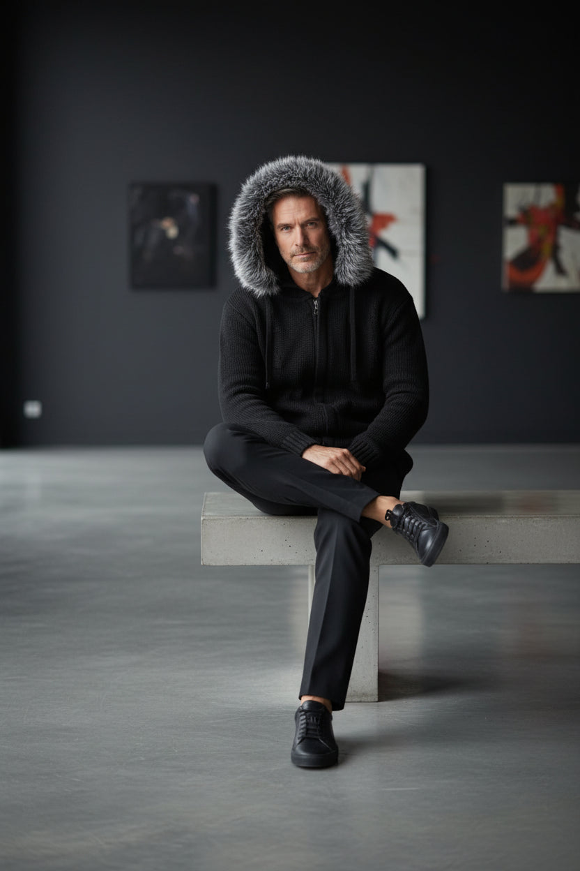 Fur-Trimmed Hooded Long Cardigan