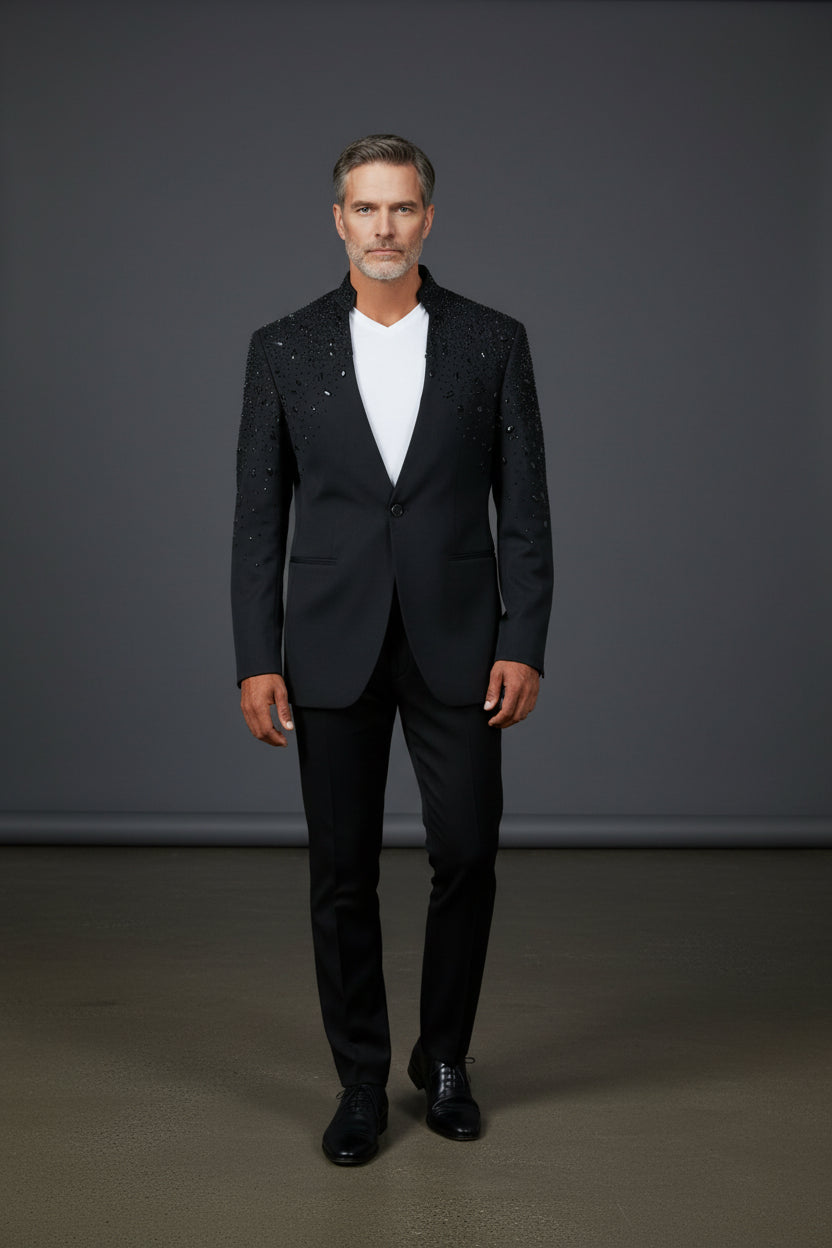 Tears in Heaven Black and Gold Rhinestone Slim Fit Dinner Blazer