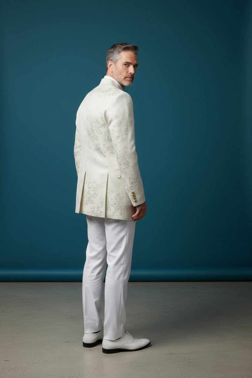 Ivory Floral Jacquard Tuxedo with Gold Accents