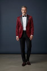 Vercini Men's Burgundy Velvet Floral Tuxedo Jacket