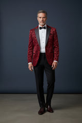 Vercini Men's Burgundy Velvet Floral Tuxedo Jacket
