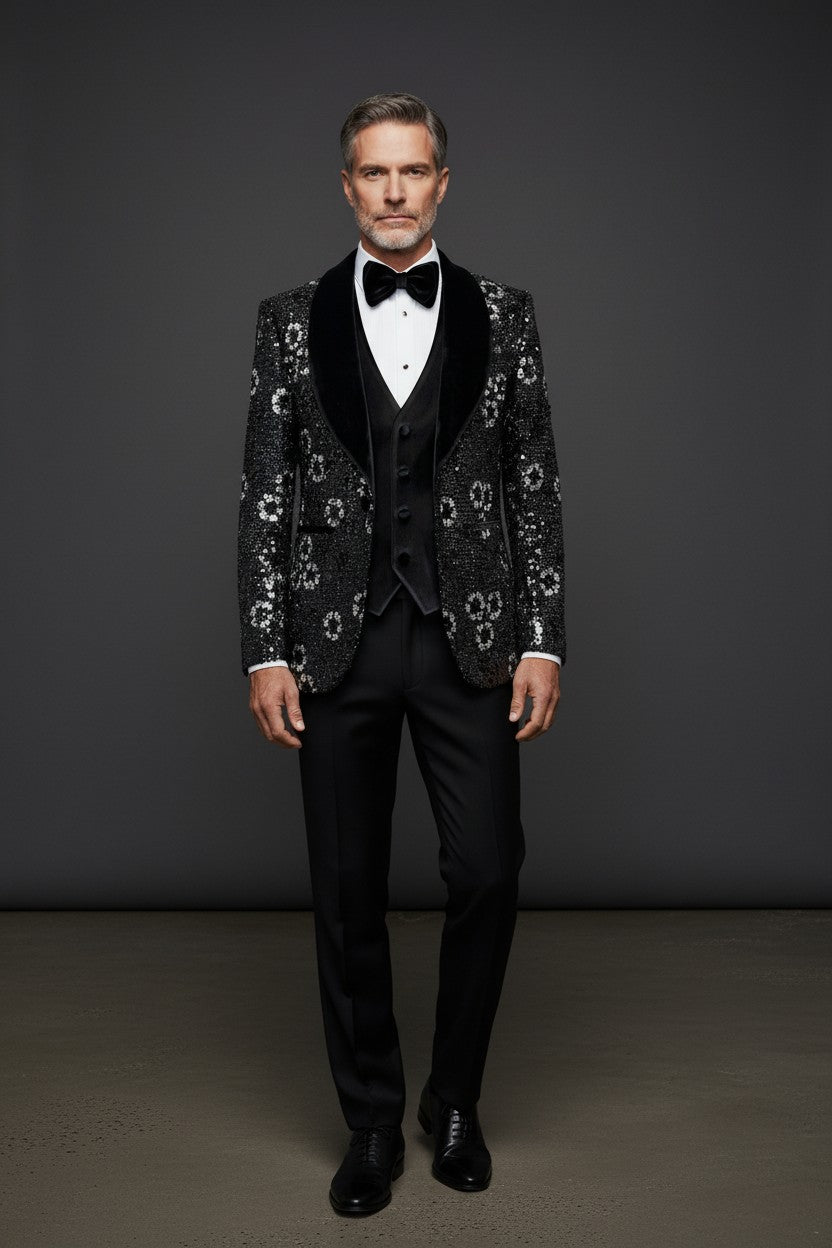 Floral Spark Sequined Tuxedo - Midnight Gray