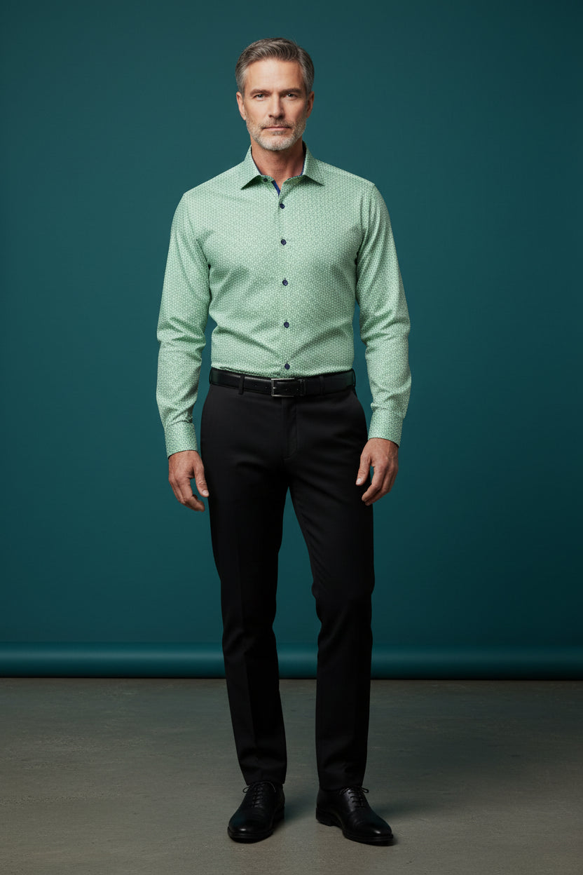 Vercini Green Geometric Print Men’s Shirt – Stylish Business Casual Button Down