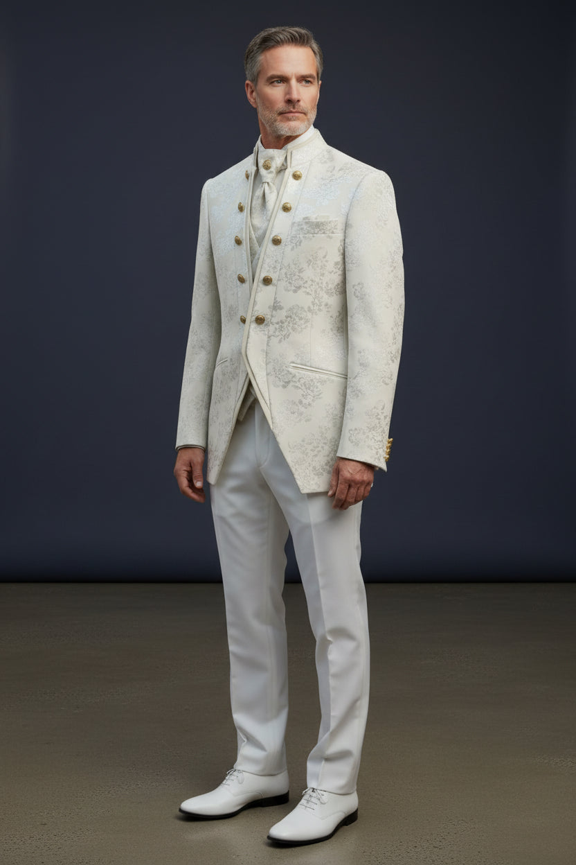 Ivory Floral Jacquard Tuxedo with Gold Accents