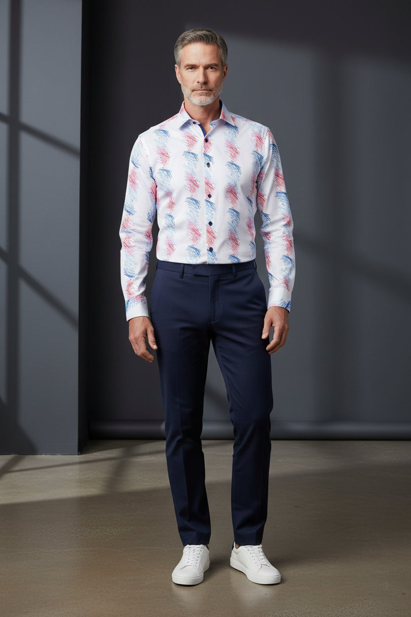 Vercini White Abstract Brush Stroke Button-Up Shirt – Modern Artistic Print Dress Shirt