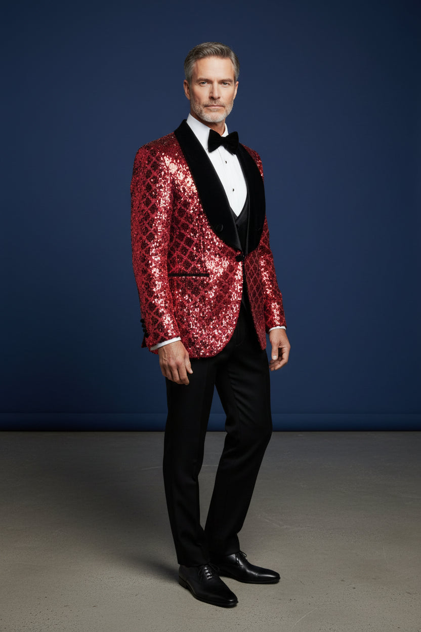 Geometric Splendor Vercini Tuxedo - Sequin Embellished Velvet Lapel