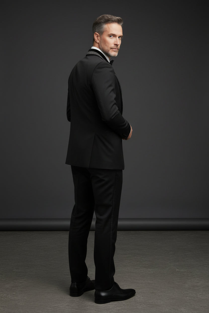 Men's Deep Blue Velvet Tuxedo with Crystal Embellished Lapel - Vercini