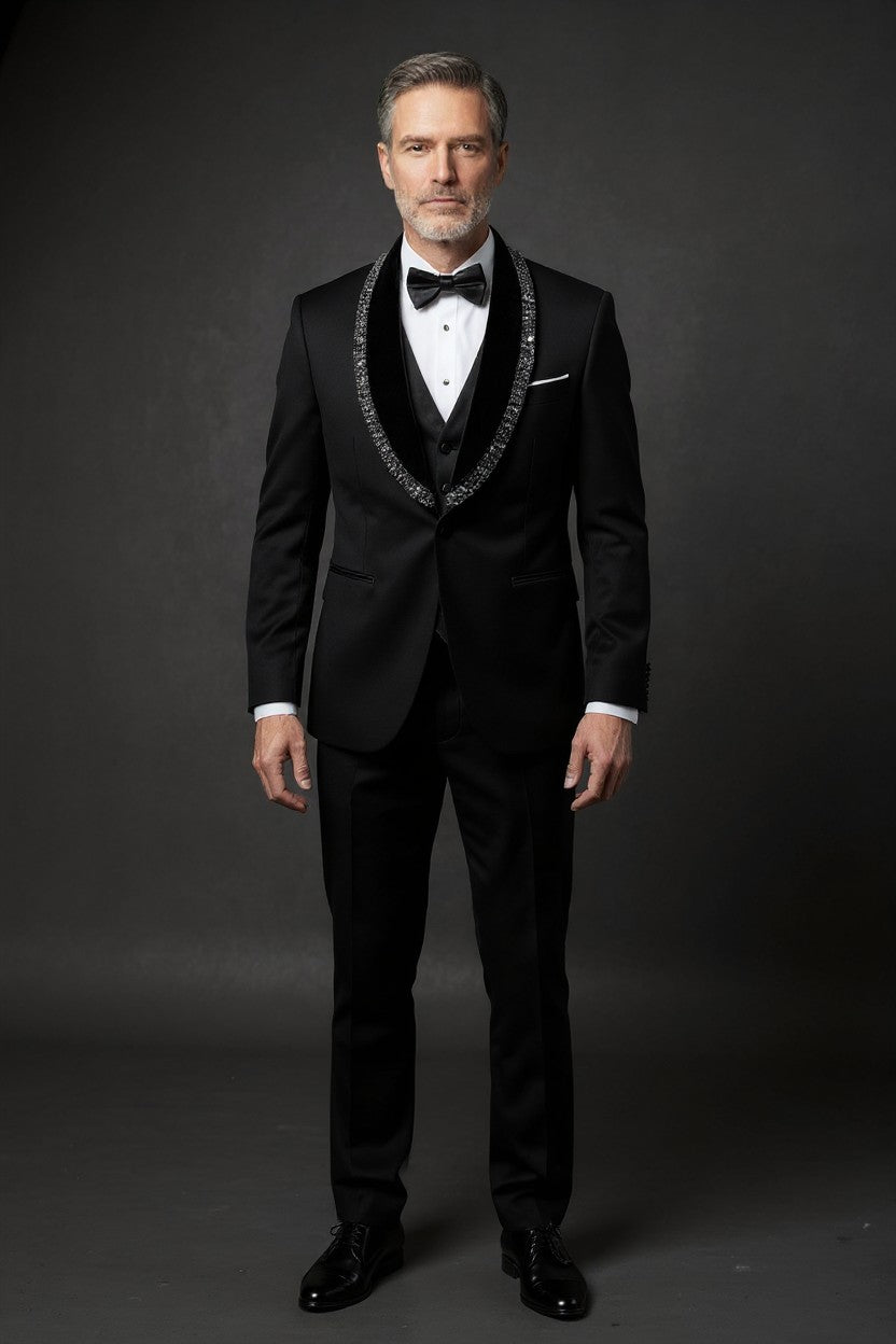 Men's Deep Blue Velvet Tuxedo with Crystal Embellished Lapel - Vercini