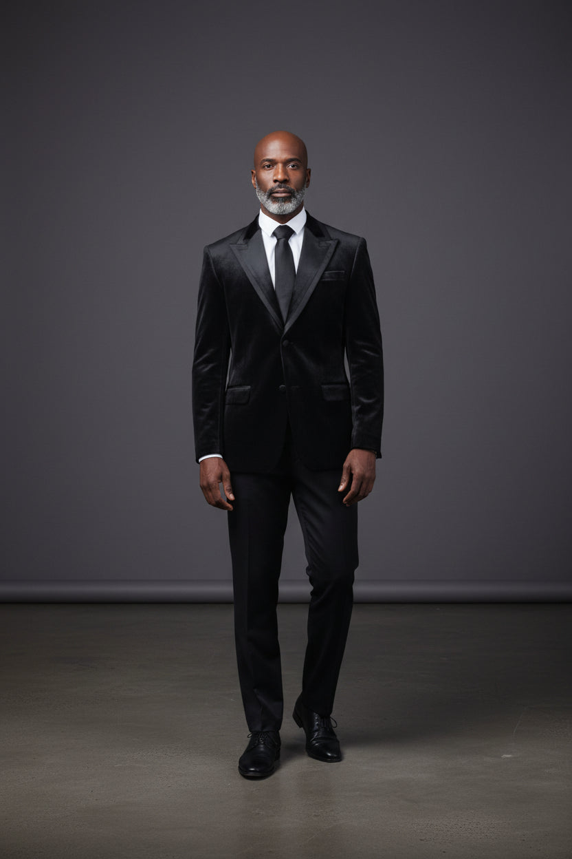 Vercini black velvet sport jacket with a satin trim on the lapel