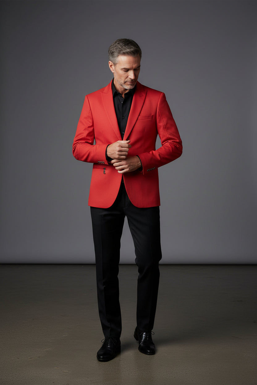 Red Metal Studded Blazer Jacket - Premium Statement Outerwear