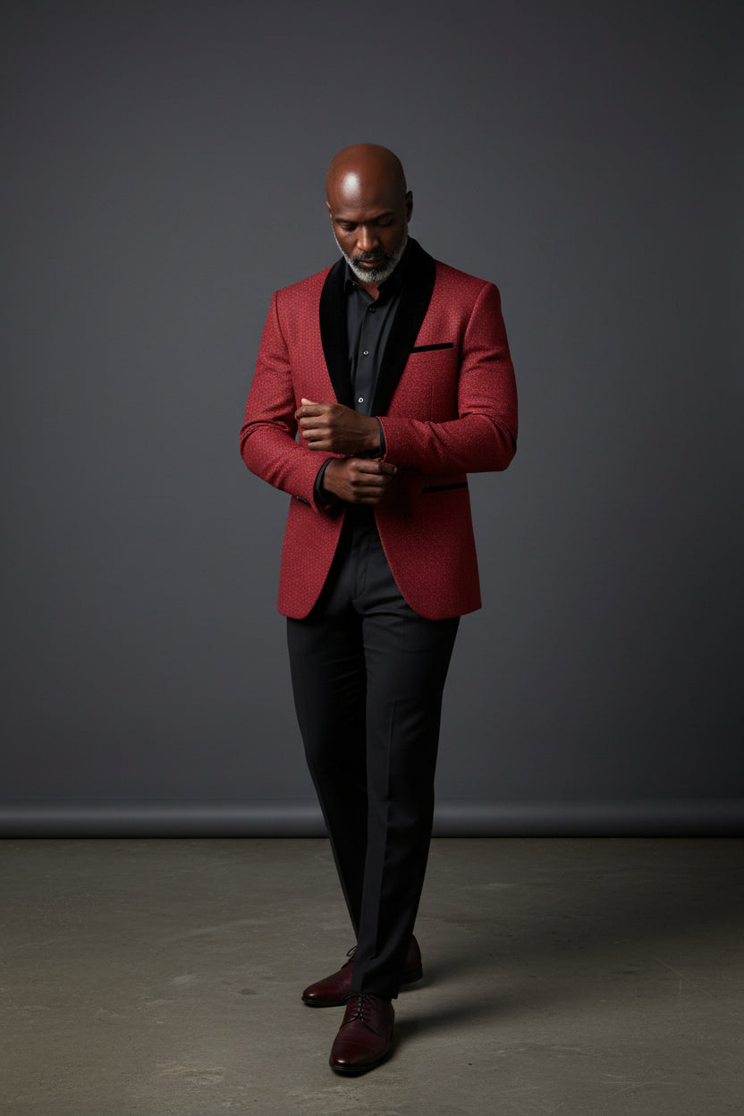 Opulent Red Velvet-Trim Tuxedo Blazer