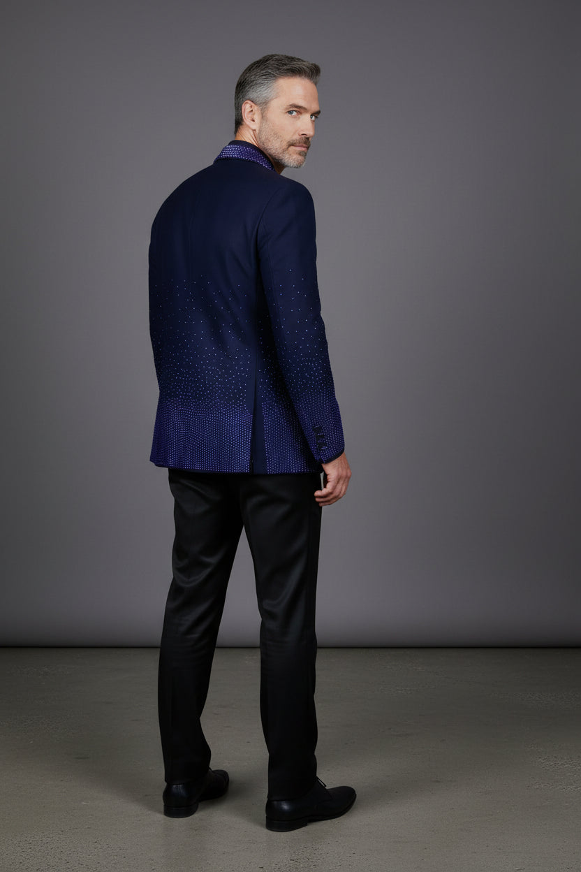 Men’s Slim-Fit Crystal-Embellished Blazer with Studded Quilted Lapels