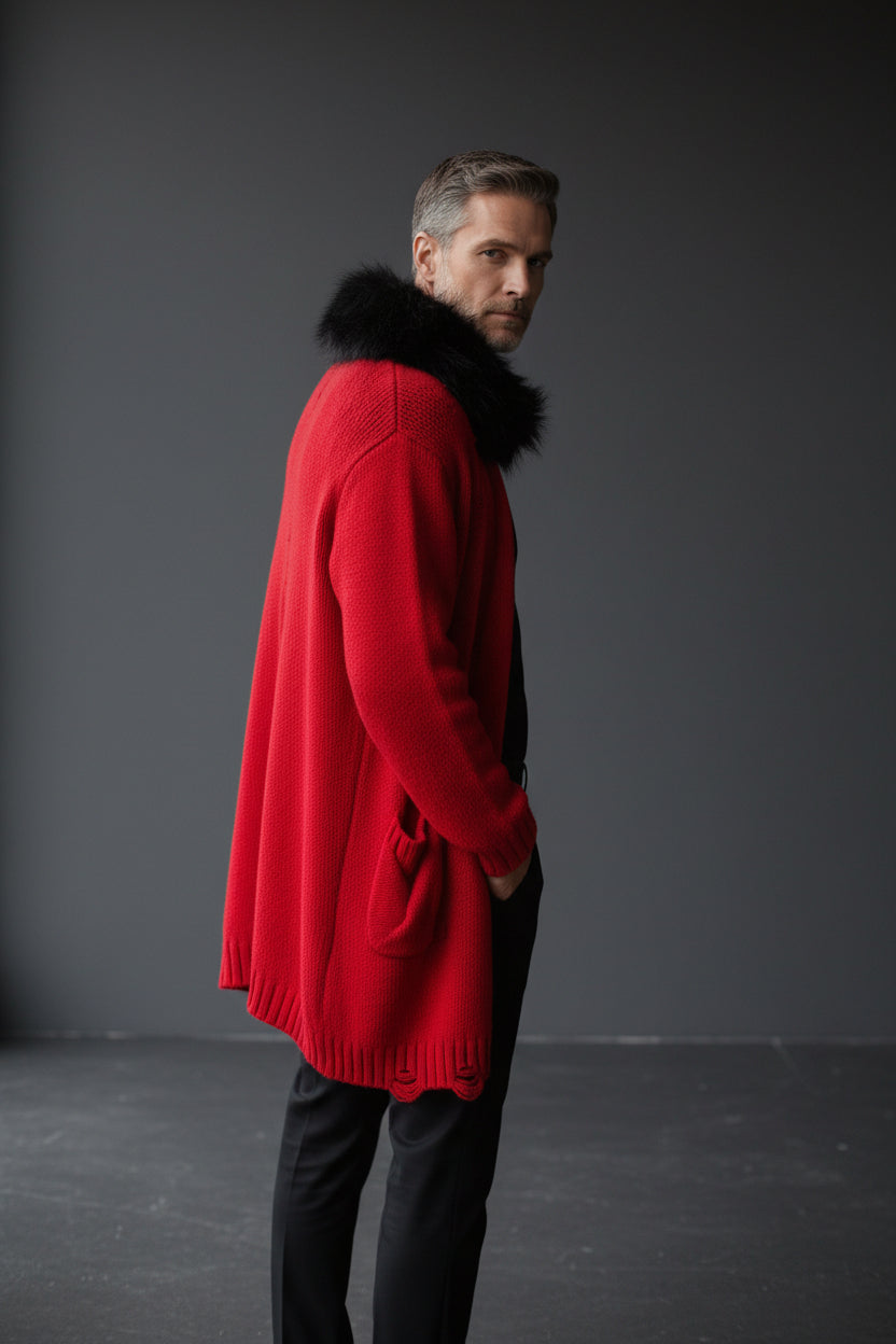 Fur-Trimmed Hooded Long Cardigan