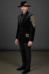 Black Velvet Blazer with Gold Accents - Luxury Evening Jacket