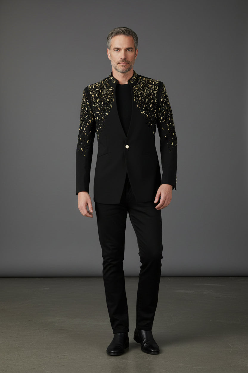 Tears in Heaven Black and Gold Rhinestone Slim Fit Dinner Blazer