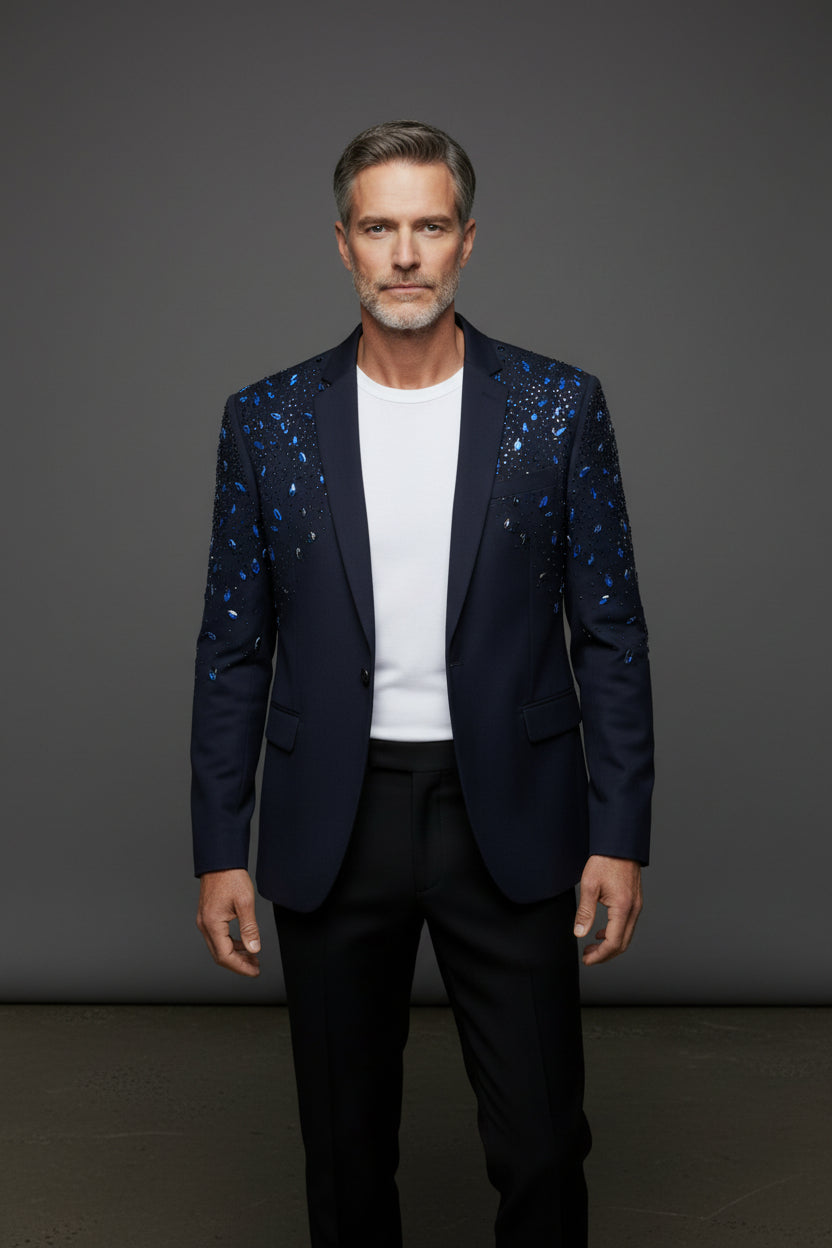 Tears in Heaven Black and Gold Rhinestone Slim Fit Dinner Blazer