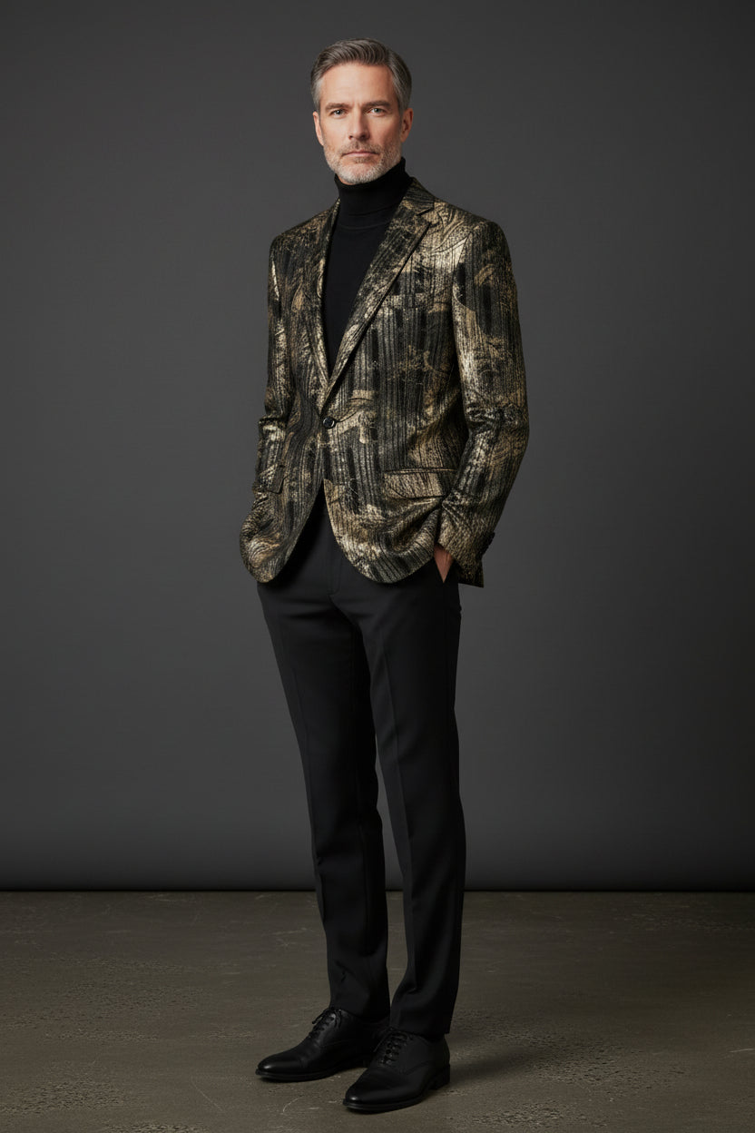 Baroque Velvet Blazer - Vintage Gold & Black Ornate Luxury Jacket