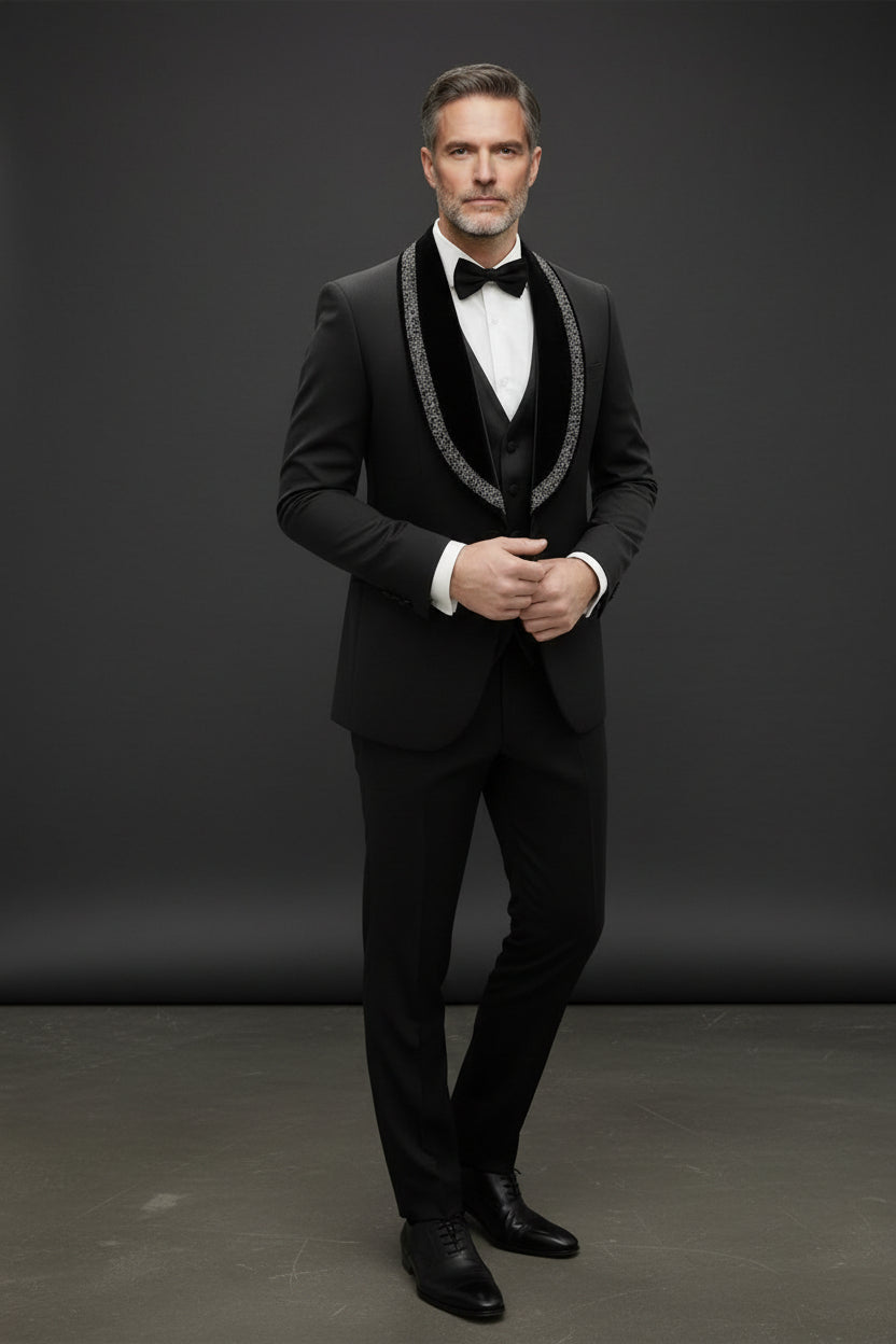 Men's Deep Blue Velvet Tuxedo with Crystal Embellished Lapel - Vercini